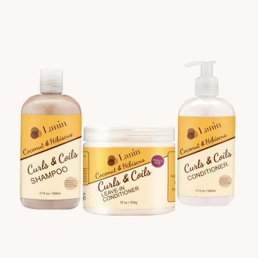 Image of the Lanin Wash Day Set. The set includes the Curls & Coils Shampoo, Curls & Coils Conditioner, and Curls & Coils Leave-in Conditioner.